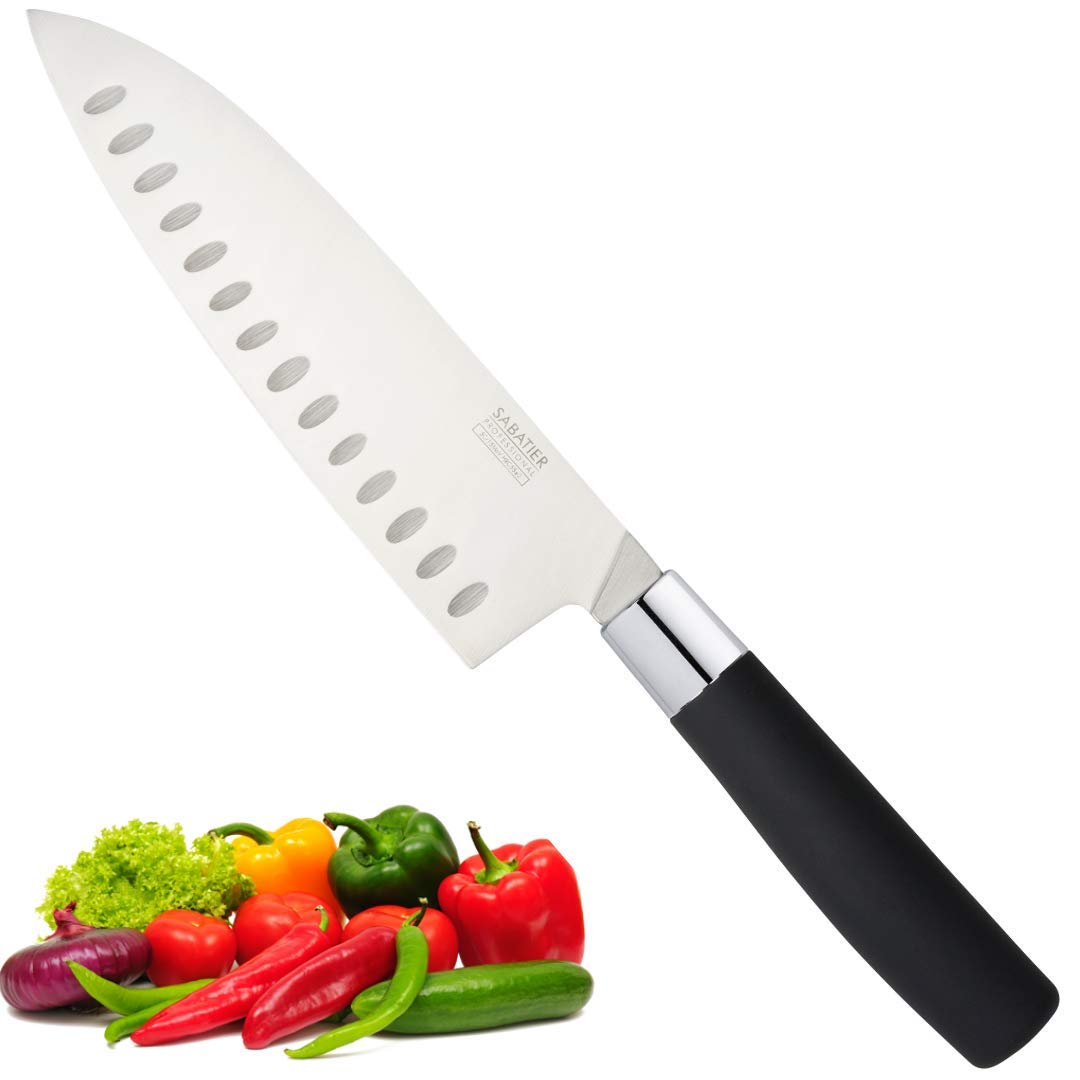 SABATIER Professional L'Orient Santoku Knife - 17cm Chrome Molybdenum Stainless Steel Precision Blade & Super Sharp Fine Edge Geometry. With Traditional Japanese Style Blade Dimples. 20 YEAR WARRANTY.