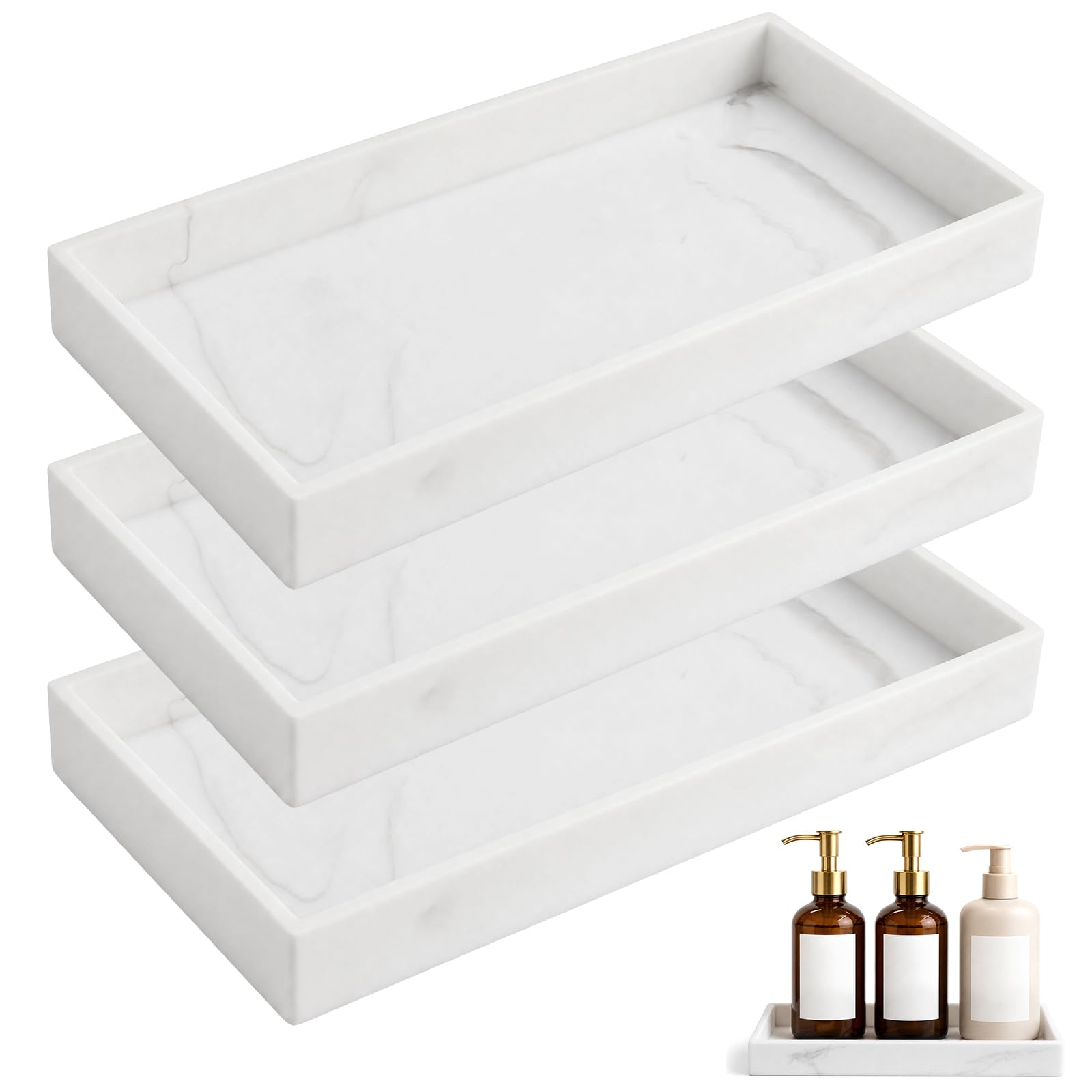 3 Pcs Bathroom Vanity Tray, 20×10×2cm, White Marble Pattern, Silicone