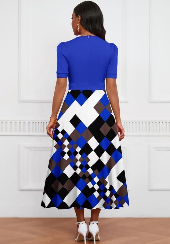 Image of MarryUP Women's Midi Dresses - V Neck Cocktail & Church Tea Dresses - Short Sleeve A-Line Swing Dress