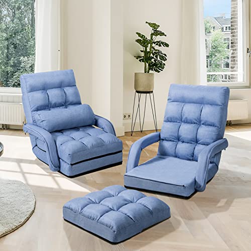 COSTWAY Bodenstuhl mit Schlaffunktion, Bodensofa mit Verstellbarer Rückenlehne, gepolstertes Klappsofa mit Armlehnen und Kissen, Bodensessel, Bodenstuhlsofa für Zuhause und Büro (Blau) – Bild 3