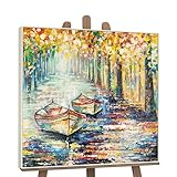 YS-Art XXL Abstrakt Acryl Gemälde auf Leinwand Herbstlicher Anlegeplatz handgemalt Wandbilder Wohnzimmer modernes Design Bilder Natur echtes Kunstwerk mit Rahmen 100x100 cm