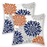 Navy Blue Burnt Orange Pillow Covers 18x18 Inch 2 Pcs, Fall Colored Geometric Dahlia Decorative Throw Pillows,Rust Flower Outdoor Decor Pillowcase Linen Square Cushion Cover Gift for Couch Car