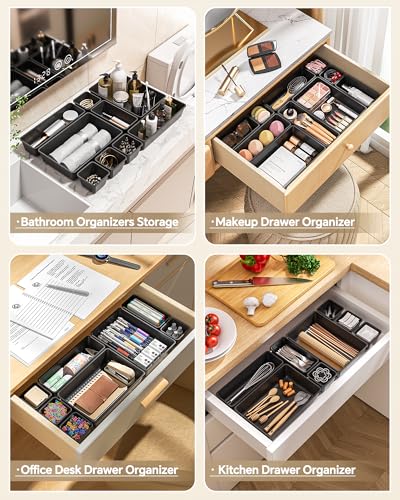 25 PCS Plastic Drawer Organizers Set, 4 Sizes Vanity Organizer, Makeup and Desk Drawer Organizer Trays, Organization and Storage for Makeup, Bathroom, Kitchen Utensils and Office (Black) - Image 4