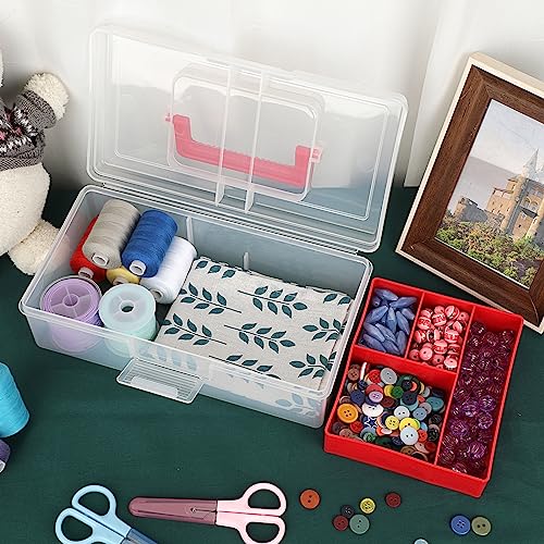 Image of BTSKY Clear Plastic Storage Box with Removable Tray Multipurpose Stationery Storage Box with Handle Handy Sewing Box Art Craft Supply Organizer Home Utility Box (Red)