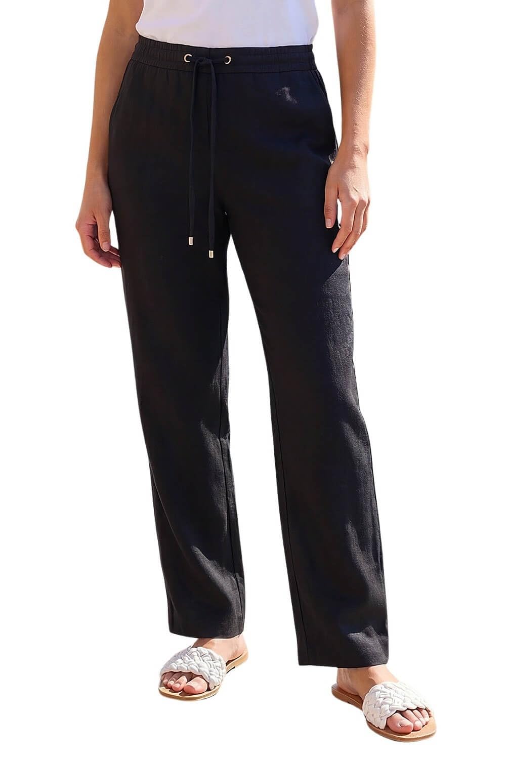 Roman Wide Leg Trousers for Women Ladies Linen Dressy Joggers Sweatpants Lounge Tracksuit Bottoms Palazzo Yoga Jogging Gym Casual Loungewear Daywear Work Holiday - Black - Size 16