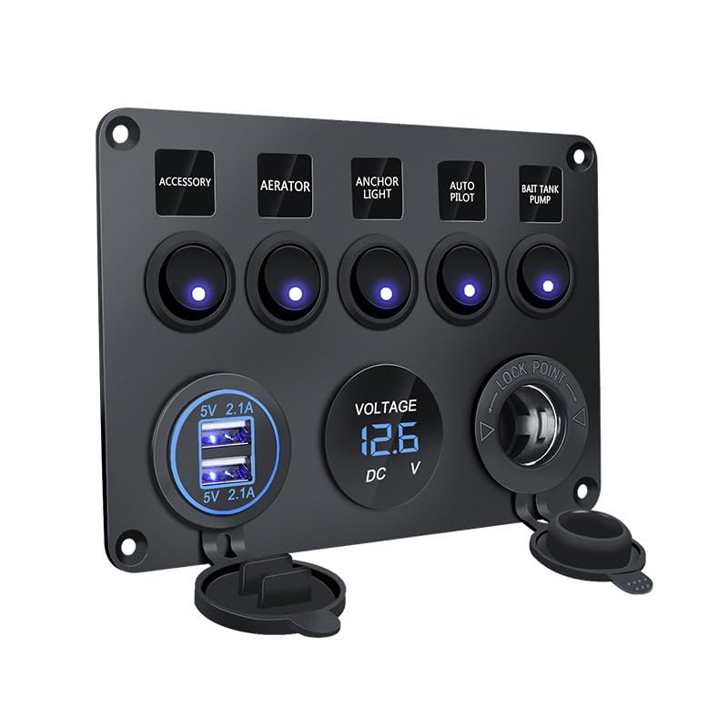 5 Gang Switch Panel 12V Power Outlet 4.2A Dual USB Charger Digital Voltmeter Toggle Combination for Boat Truck Camper Marine (Color : Blue Switch Panel)