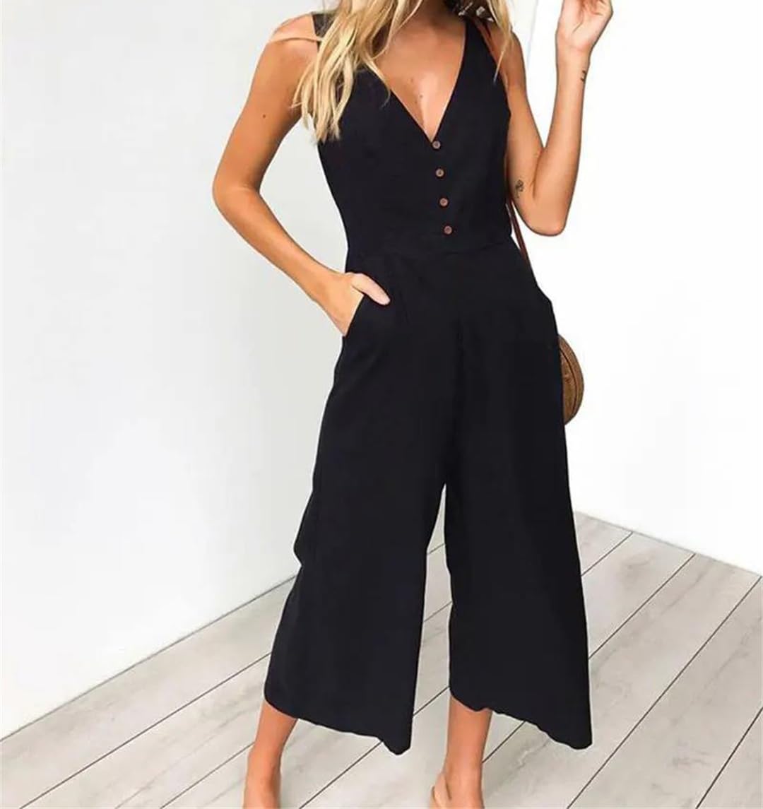 Yeuyyben Overol de verano para mujer, cuello en V, botones frontales, pierna ancha, casual, espalda descubierta, elegante, traje de verano
