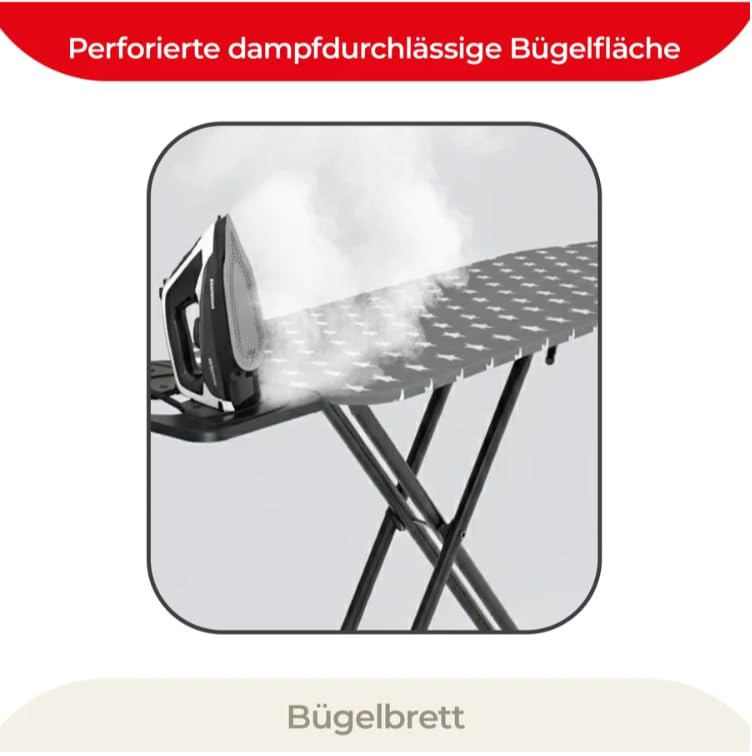 Bügelbrett Höhenverstellbar 120 x 38 cm – Stabiles Bügeltisch mit Bügeleisenablage & Dampfdurchlässiger Bügelfläche, Klappbar, rutschfest, für Dampfbügeleisen Geeignet
