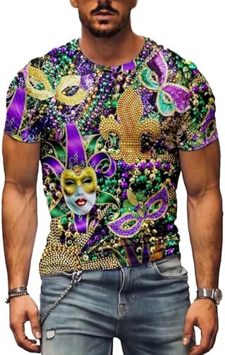 Mardi Gras Shirt for Men Glitter Mask Graphic Festival T Shirt Tuesday Carnival New Orleans Party Tee Tops