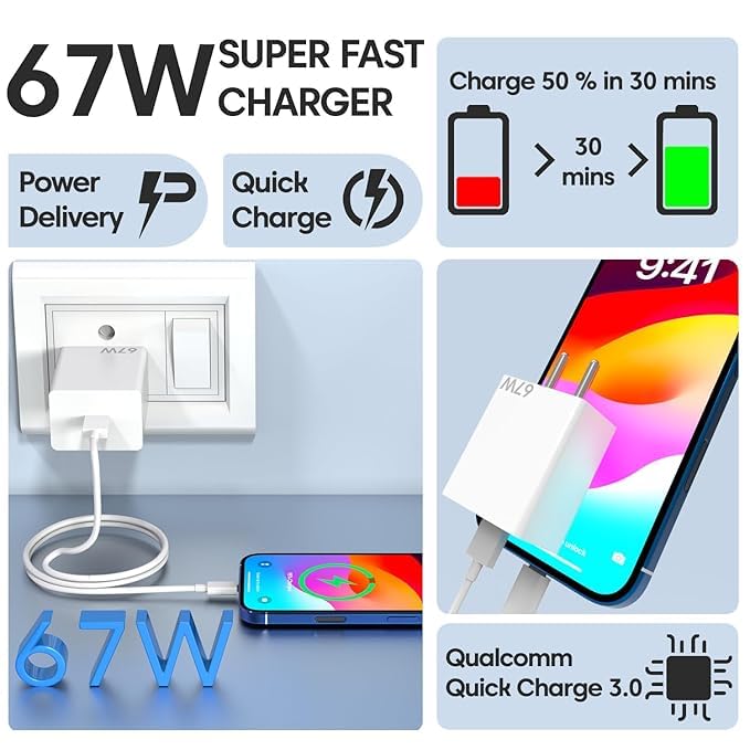 Image of 67 Watt Fast Charger Type C Charging Adapter - Quick Charge 4.0 Power Delivery PD Charger with Cable for Redmi Note, Poco, Mi Phone Series
