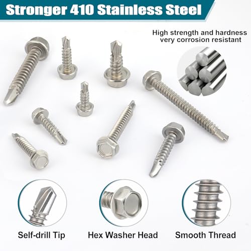 Satantech SAT-ZUANWEI-370 #8#10#14 Self Drilling Screws Assortment Kit,410 Stainless Steel Self Tapping Sheet Metal Screws Hex Washer Head,370Pcs Self Tapping Screws For Metal Wood Plastic,1/2 Inch 3/4 Inch 1 Inch 1-1/2 Inch 2 Inch thumb #2