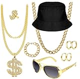 YANJINMY 90s Hip Hop 80s Costume Outfit for Men Rapper Costume Accessories Kit Dollar Necklace Ring Bucket Cap Sunglasses Gold Chain Necklace Bracelet Earrings for Halloween Party