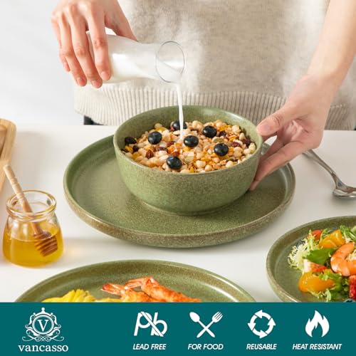 Image of vancasso Plates and Bowls Sets, 18 Pieces Stoneware Dinnerware Set for 6, Ceramic Dish Set for Kitchen, Microwave and Dishwasher Safe, Mossy Green, Series ZERMATT