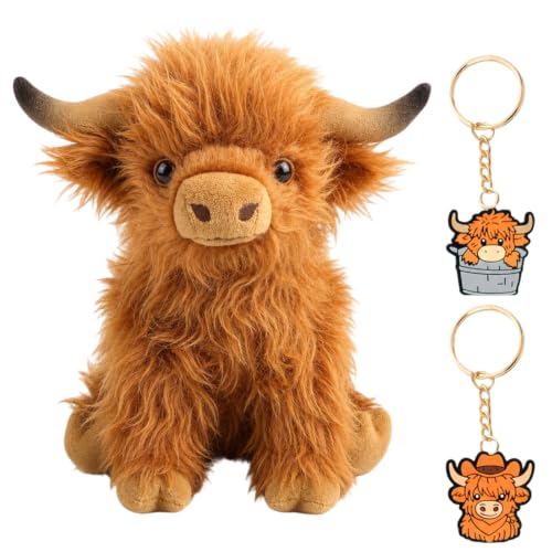 EujRcf Highland Cow Teddy with Two Keyrings 25 cm Highland Cow Plush Toy
