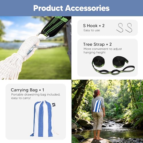 Image of SUNCREAT Hammocks Outdoor Camping Double Hammock for Trees, Blue & White