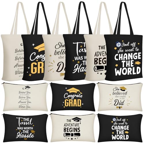 Sunnymove 12 Pcs Graduation Canvas Tote Bags with Pouch