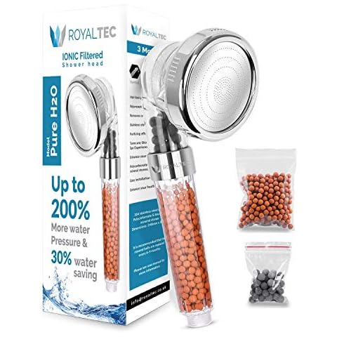 ROYALTEC Ionic Shower Head 3 Way Function, Higher Pressure Water Saving, with Extra Replacement Stones (12 Months Warranty) Cover