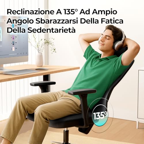 P3 Pro Sedia Ufficio e Scrivania Ergonomica, con Supporto Lombare Regolabile 2D, Testiera e Braccioli Regolabili 3D, Inclinazione Regolabile 135° Continua, Mesh, Nero senza Poggiapiedi - Sedia gaming - Immagine 7