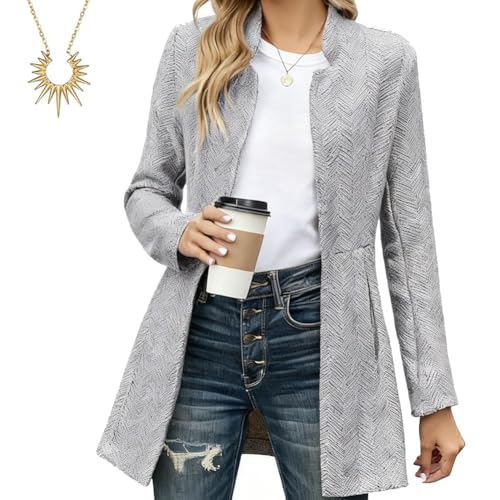 Women's Solid Color Pocket Long Sleeve Open Front Coat, Business Casual Work Twill Blazer Jacket for Women