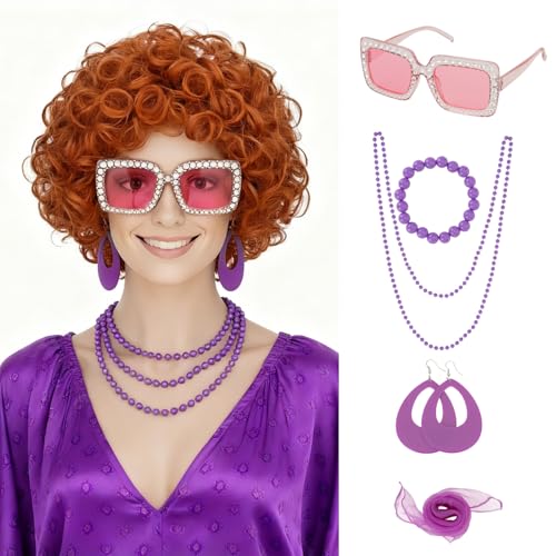 S-noilite Mrs Roper Wig,Short Orange Curly Wig for Women Halloween Cosplay with Purple Accessories 7pcs Set (Glasses, Scarf, Long Necklace, Bracelet, Earrings, Hairnet)