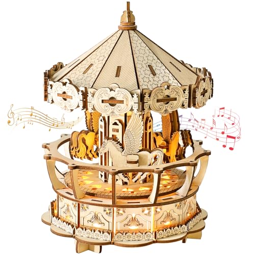 Puzzle 3D de Madera con carrusel Musical, maquetas para Construir Adultos con Luces música clásica, Cumpleaños