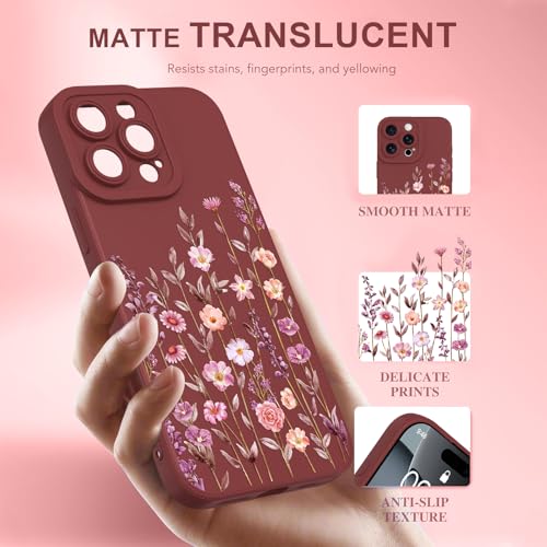 Image of Designed for iPhone 16 Pro Case Flower for Women Girls, Wine Red | Cute Floral Pattern Liquid Silicone Phone Case [Full Camera Protection] Slim Soft TPU Protective Cover