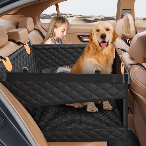 PETICON Large Dog Car Seat, Back Seat Extender for Dogs with 3 Mesh Windows, Waterproof Medium Carseat for Dogs with Hard Bottom, Pet Seat Cover for Cars, Trucks and SUVs (Black)