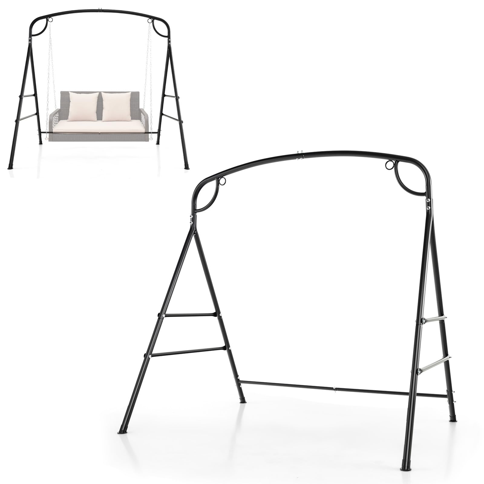 KOMFOTTEU Soporte para Columpio de Metal, Marco para Balancín de Jardín en Forma A, Estructura para Banco Colgante con Carga de 300 kg, Marco con 2 Anillos para Balcón, Porche, 180 x 133 x 182 cm