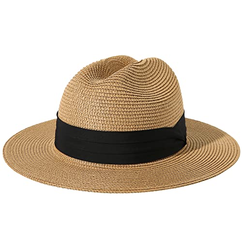 Lanzom Women Men Wide Brim Beach Sun Straw Hat Upf50 Travel Foldable Brim Summer Straw Cowboy Hat (Khaki, Medium) #TOP2