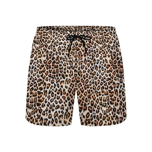 Leopard Print Mens Swim Trunks with Compression Liner 2-in-1 Cheetah Swimming Board Shorts 5 inches Inseam Fashion Funny Stretch Quick Dry Bathing Suits Beach Swimsuit with 4 Pockets -L