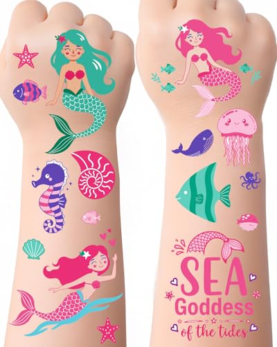 Mermaid Temporary Tattoos for Kids 106 Cute Ocean & Mermaid Designs Waterproof Non-Toxic & Skin-Friendly Easy to Apply Perfect for Under the Sea Birthday Party Favors & Goodie Bags