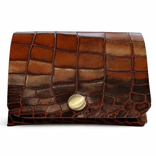 Image of Strutt Croc Textured Genuine Leather Batua Wallet for Men & Women | Handcrafted Tan Leather Cash & Card Holder | Snap Button Closure | Compact Ethnic Money Pouch