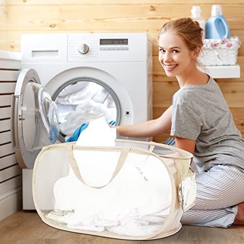 Image of Durable Collapsible Laundry Baskets, Mesh Pop Up Laundry Hamper with Side Pocket, Foldable Clothes Storage Hamper with Reinforced Carry Handles for Laundry, Bathroom, Kids Room, Dorm or Travel Beige