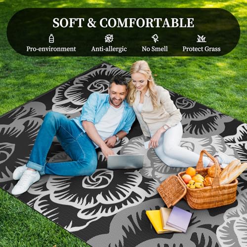 MontVoo Outdoor Rug-Waterproof Patio Rug Mat 6x9 ft Outdoor Carpet Mat Reversible Plastic Straw Outside Outdoor Rugs for RV Camping Picnic Beach Balcony Backyard Pool Deck Porch Farmhouse Floral Black - Image 4
