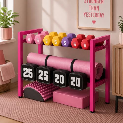 Image of WINSTAR 2-Tier Adjustable Dumbbell Rack | Heavy-Duty Home Gym Weight Storage Stand for Dumbbells & Kettlebells | Space-Saving Home Gym Organizer (Rack Only, Fuchsia Pink)