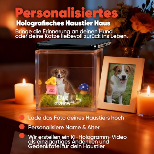 VEELU Personalisiertes 3D Hologramm Haustier Projektion Andenken an Verstorbenen Hund, Personalisiertes Gedenktafel Hund aus Acryl, Geschenk für Hundebesitzer Andenken an Verstorbene Katze, Hund