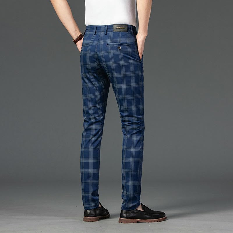 Men's Spring Plaid Elastic Slim Fit Business Straight Trendy Casual Pants3