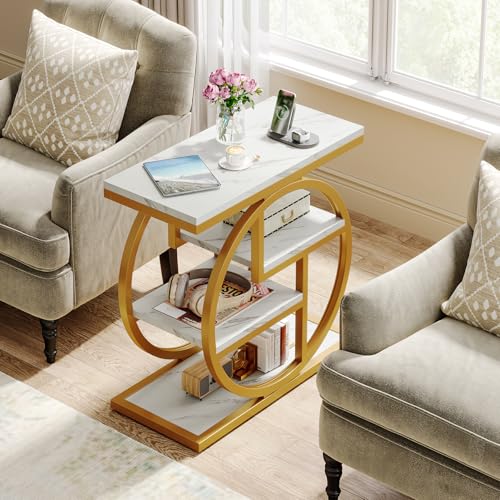 Image of Tribesigns End Table Set of 2, Narrow Faux Marble Side Table with Storage Shelves, 4-Tier Modern Skinny Sofa Side Table with Geometric Metal Frame for Bedroom, Living Room, White & Gold