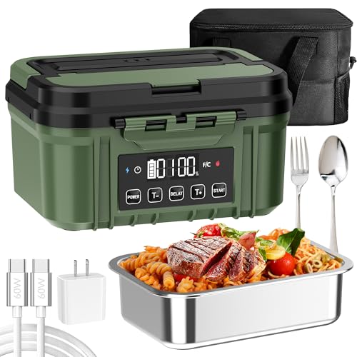 FERVINOW Cordless Electric Lunch Box for Adults – Battery-Powered Heated Lunch Box with 1.2L Stainless Steel Container, Timer Function, and Leak-Proof Food Warmer for Work, Travel & Office