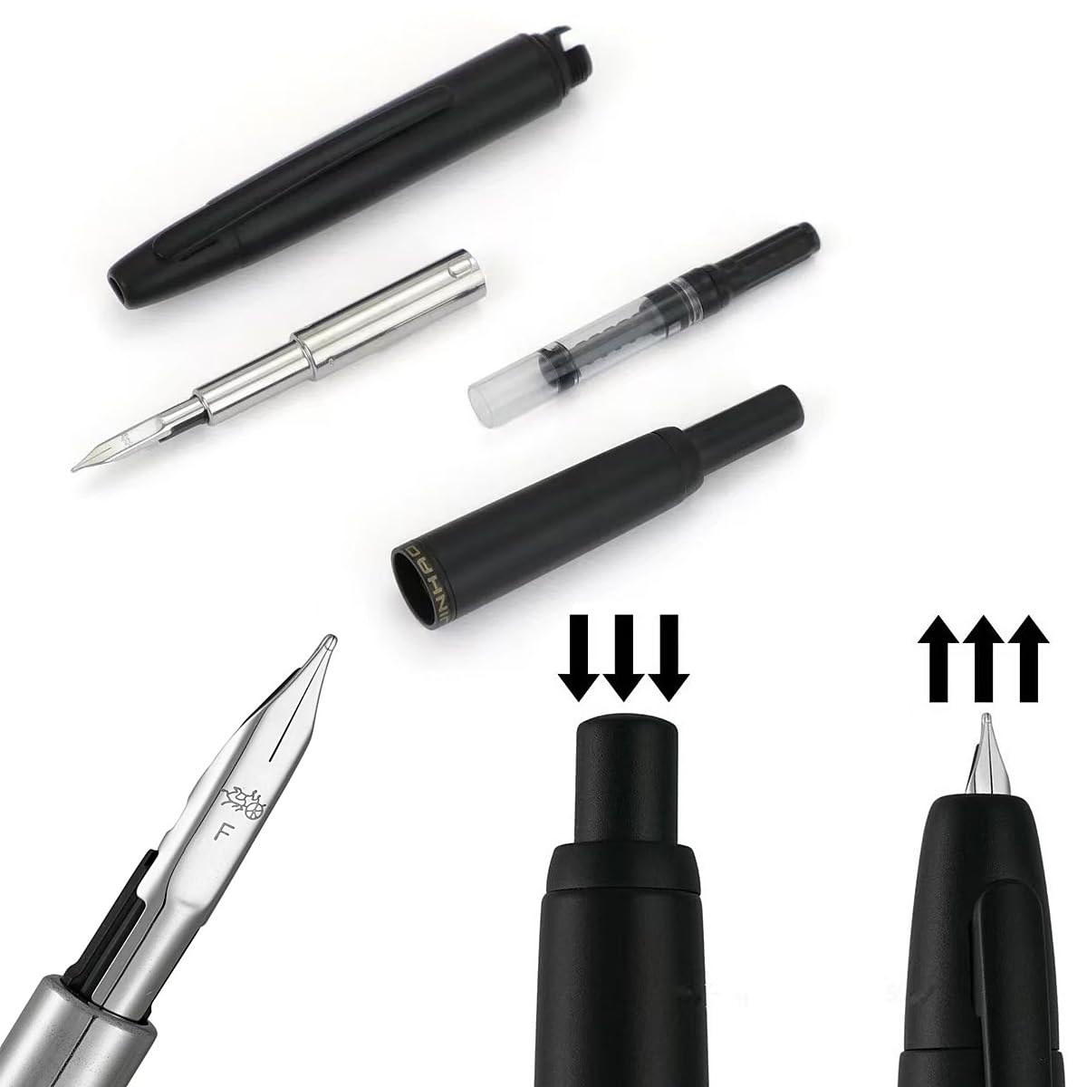 Jinhao 10 Press Fountain Pen, Retractable Metal Fountain Pen Fine Nib(0.5mm) with Ink Converter, Gradient Orange - Image 3
