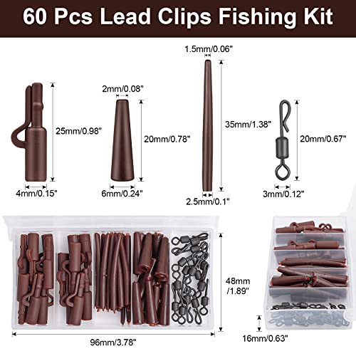 Realure 60 Pcs Lead Clips Carp Fishing Accessories Safety Lead Clips Action Pack with Clips Anti Tangle Sleeves Rubber Tails and Quick Change Swivels for Small Weights,Feeder (Brown) - Image 2