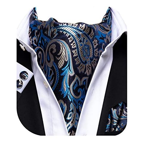 Dubulle Blue and Navy Cravat Paisley Set for Men Silk and Woven Navy Blue Ascot Pocket Square Cufflinks Cover