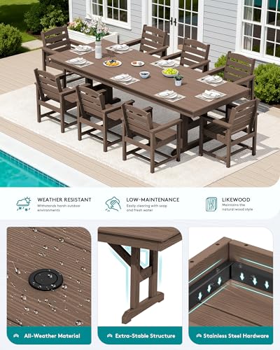 Image of SERWALL Outdoor 84 inch HDPE Dining Table with Umbrella Hole for 6-8, Brown | 9-piece HDPE 84 inch dining table, Ideal for Outdoor Gathering
