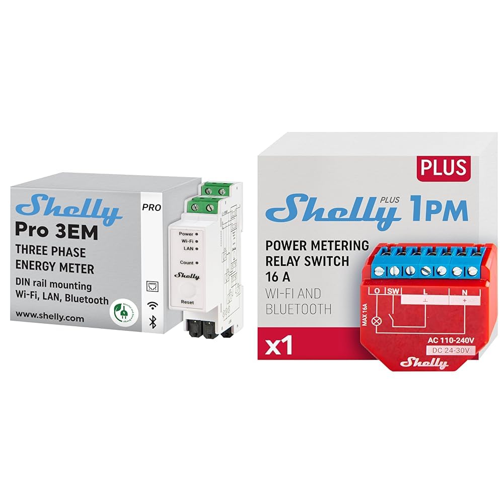 Shelly Pro 3EM (120A) | WLan & Bluetooth Smart Energy Monitoring 3-Phasen-Relaisschalter & Plus 1PM | WLAN & Bluetooth Relais Schalter mit Strommessung