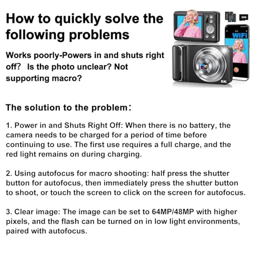 5K Digital Camera for Photography, 64MP Touchscreen WiFi Camera with Autofocus 6X Optical & 16X Digital Zoom, Dual-Lens Vlogging Camera for YouTube Video Anti-Shake, Travel Compact Camera with Flash