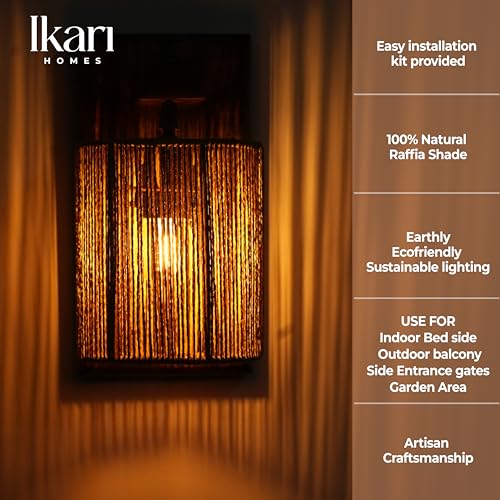 Image of Ikari Homes Rustic Wooden Wall Lamp I Cylindrical Raffia Shade I Vintage Wall Lamp I Boho Wall lamp for Bedroom /Balcony /Living Room /Outdoor /Entrance - Size 10 by 5 in (Twisted Raffia)