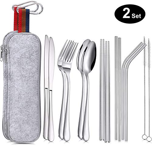 Leinuosen 16 Pieces Portable Utensils, Travel Camping Cutlery Stainless Steel Flatware Set, including
