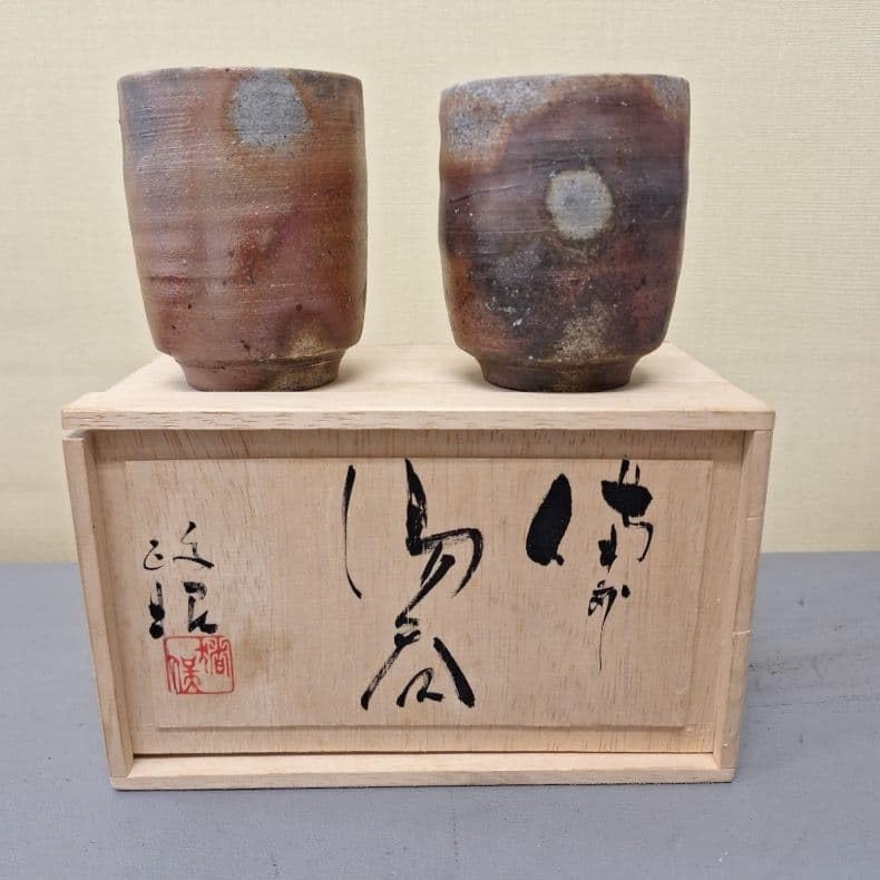 Shin Bizen Ware Hot Cup Pair Set Ceramic Gift Box Japanese Handmade Pottery