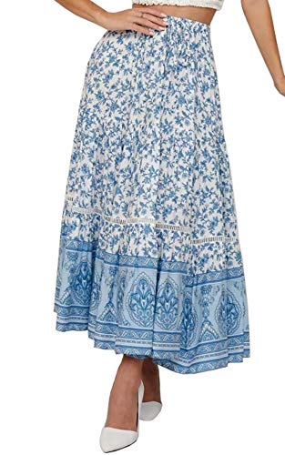 R.Vivimos Womens Summer Cotton Vintage Floral Print Boho Casual Long Skirt (Medium, WhiteBlue)