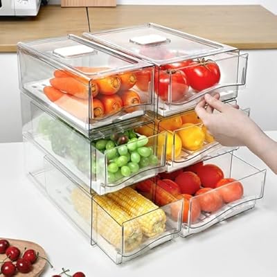 Refrigerator Drawers Pack of 2 With Pull Out Stackable Fridge Organizer Bins, Clear Cabinet Organizers for Kitchen Pantry Food Containers Produce Storage (2 Drawer,Large)